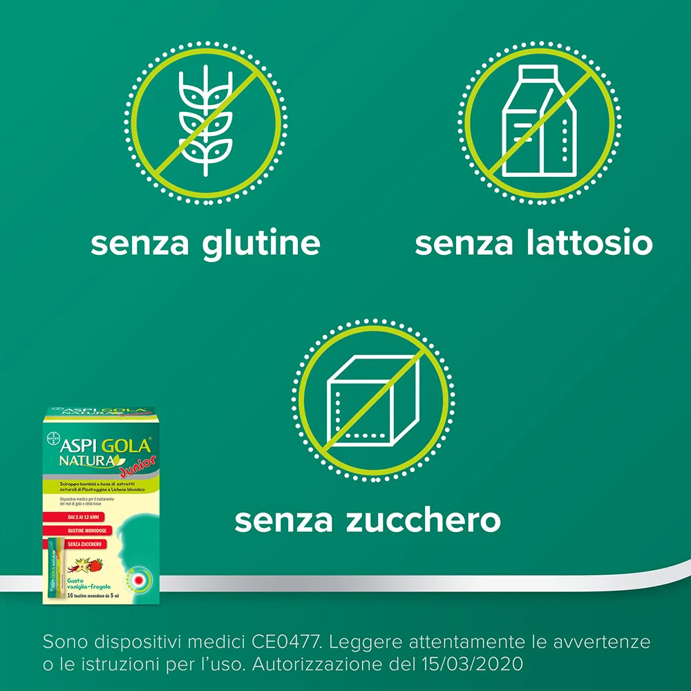 Aspi Gola Natura Junior Sciroppo 16 Bustine Mal di Gola e Tosse