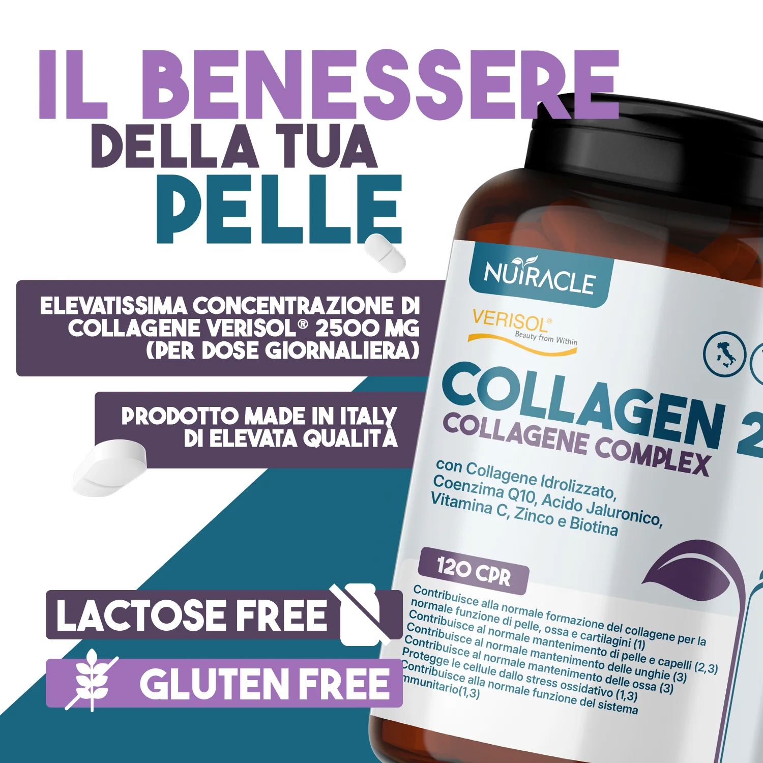 Nutracle Collagen 2,5 120 Compresse per Pelle, Capelli e Unghie