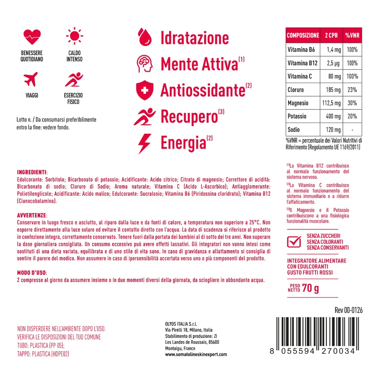 Somatoline Hydrop Frutti Rossi 20 Compresse Effervescenti Con Vitamine del Gruppo B