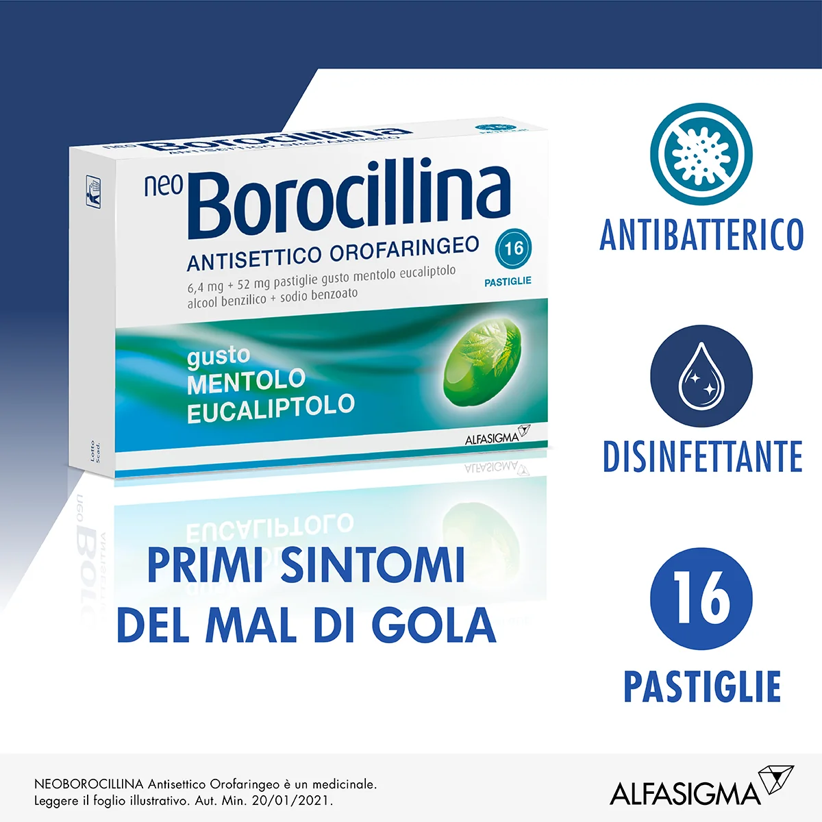 Neo Borocillina 6,4+52 mg Gusto Mentolo Eucaliptolo 16 Pastiglie Antisettico Orofaringeo