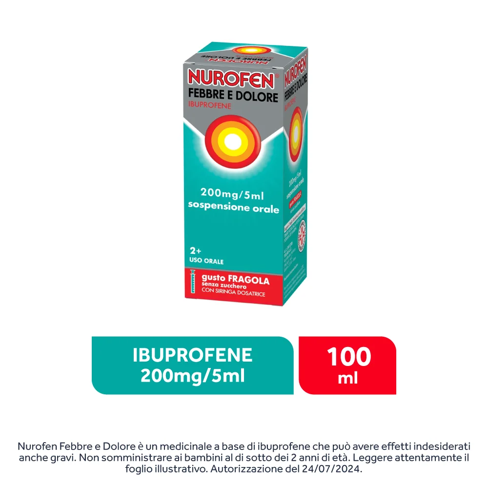 Nurofen Febbre e Dolore Bambini 200 mg/5 ml Ibuprofene Sospensione Orale Fragola 100 ml Bambini e Adulti