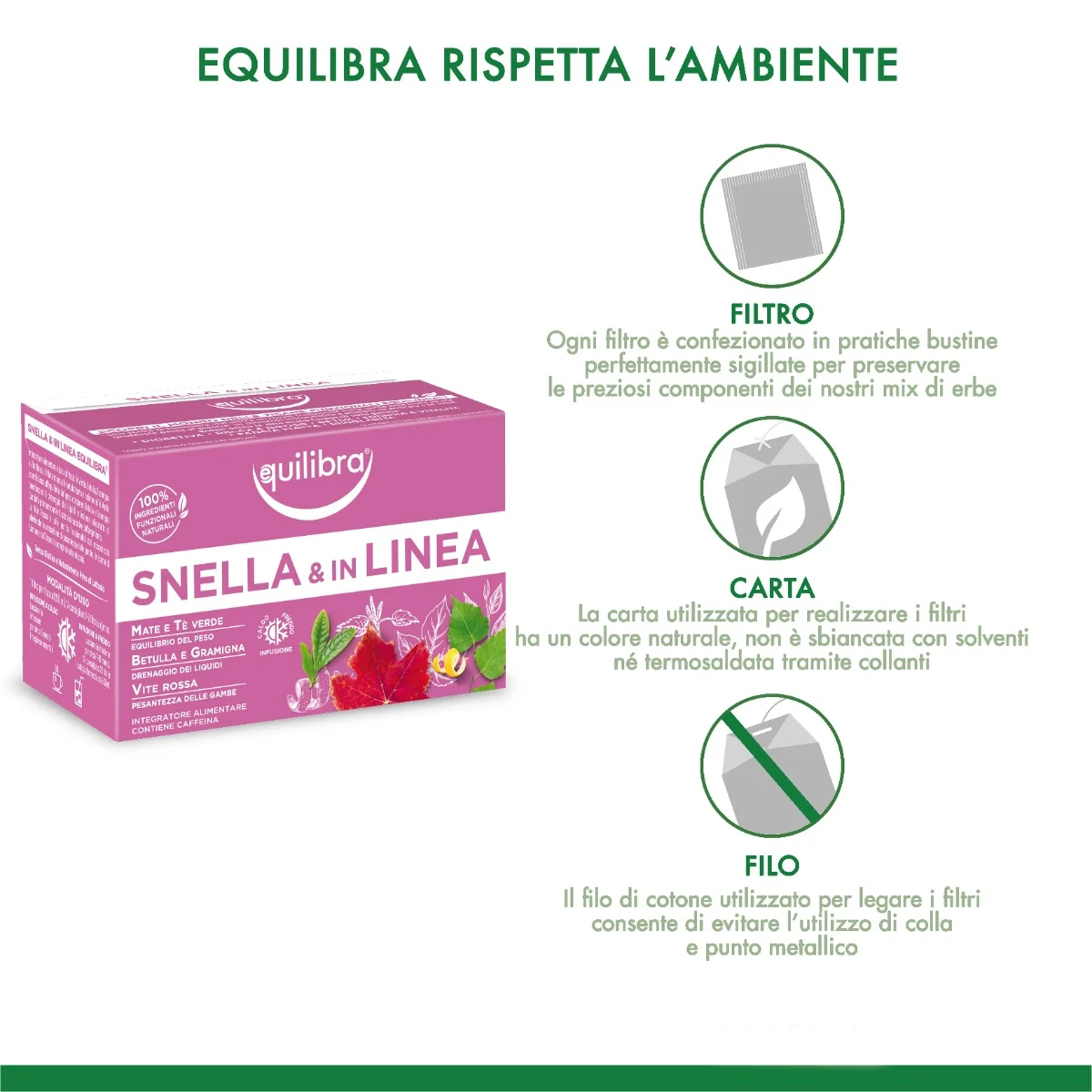 Equilibra Tisana Snella e in Linea 15 Filtri Tè Verde Betulla Vite Rossa