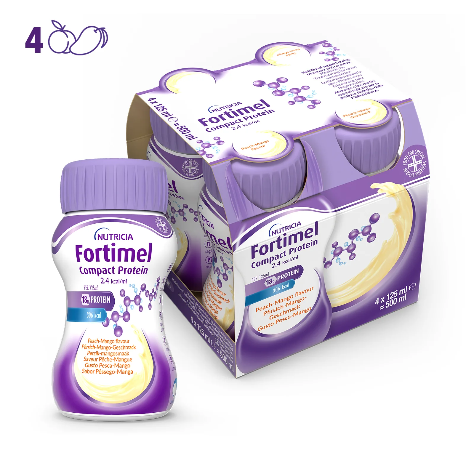 Nutricia Fortimel Compact Protein, Ipercalorico e Iperproteico, Pesca e Mango 4x125ml Alimento Destinato a Fini Medici Speciali