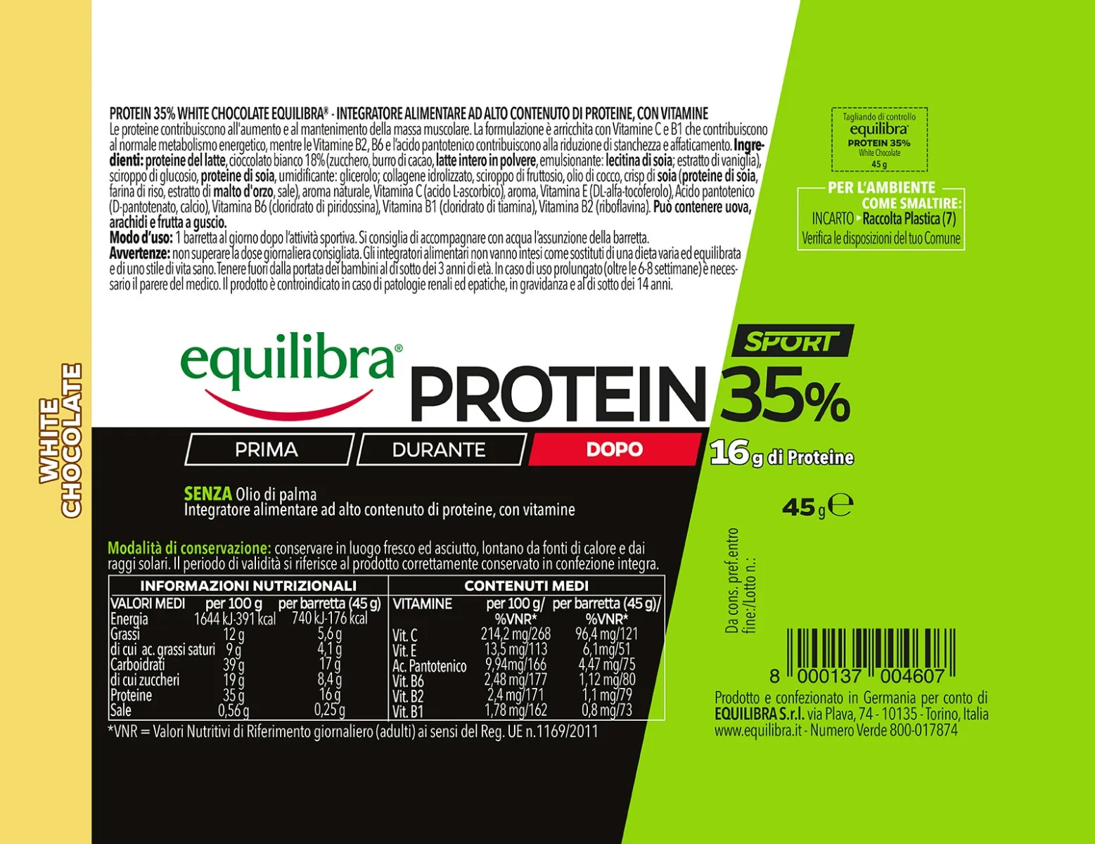 Equilibra Protein 35% Barretta White Chocolate 45 g Ricco di proteine