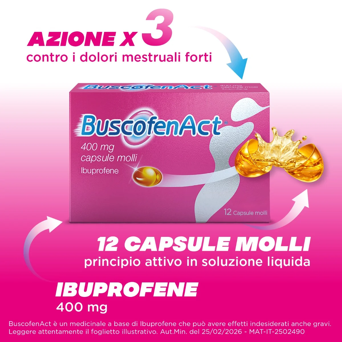BuscofenAct 400 mg Ibuprofene 12 Capsule Molli Analgesico