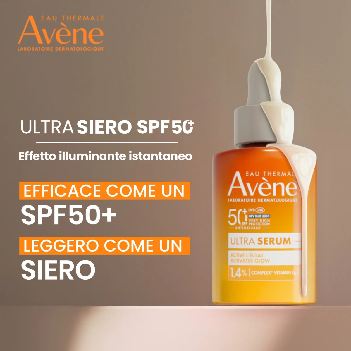 Avene Eau Thermale Avene Solare Ultra Siero Attiva La Luminosità SPF 50+ 30 ml Illumina e Sublima