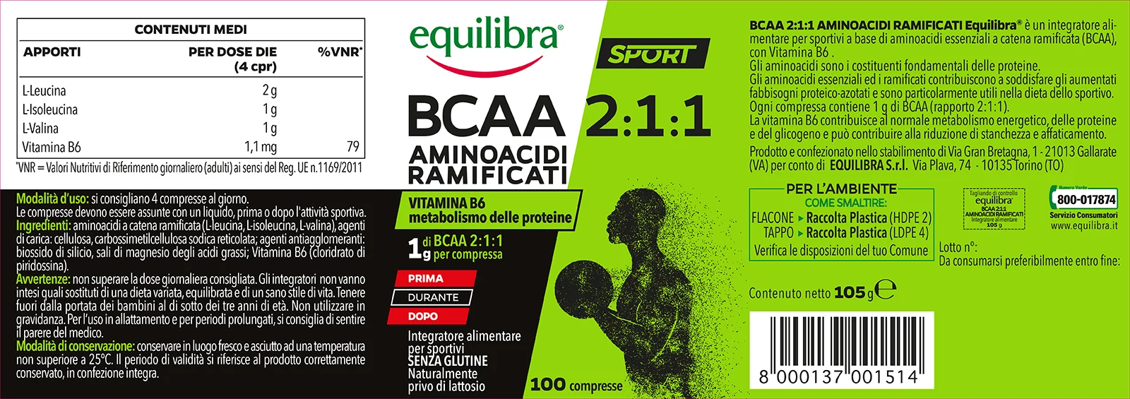 Equilibra Bcaa 2:1:1 Aminoacidi Ramificati 100 Compresse Vitamina B6 Metabolismo delle Proteine
