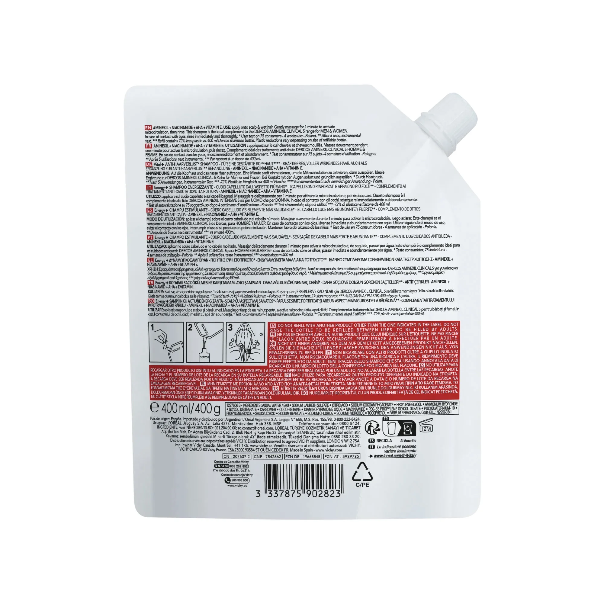 Dercos Technique Shampoo Energizzante Refill 400 Ml Aiuta a Contrastare la Caduta dei Capelli