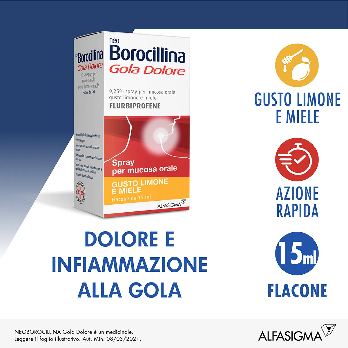 Neo Borocillina Gola Dolore Spray 0,25% Limone & Miele 15 ml Flurbiprofene