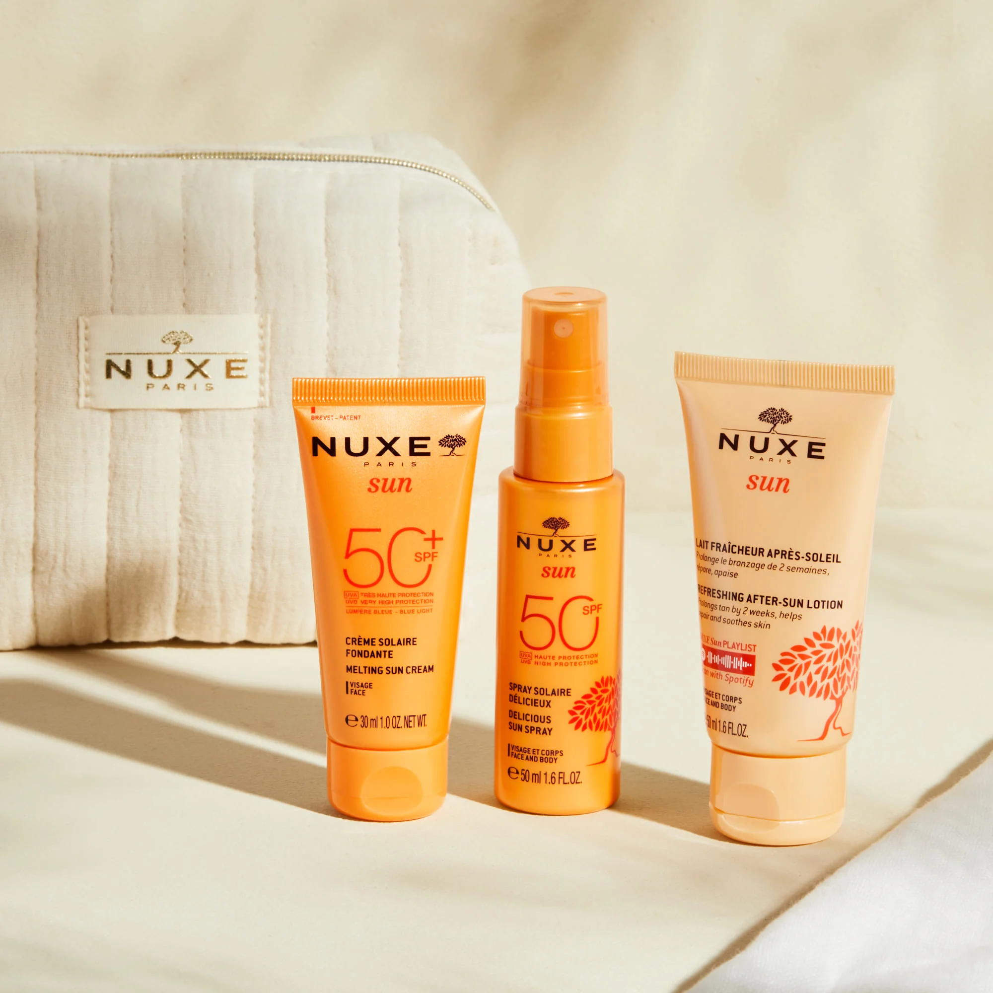 Nuxe Sun - Pochette Indispensables Solaires Crema Solare Viso SPF50+ 30ml + Spray Viso e Corpo SPF50 50ml + Doposole 50ml