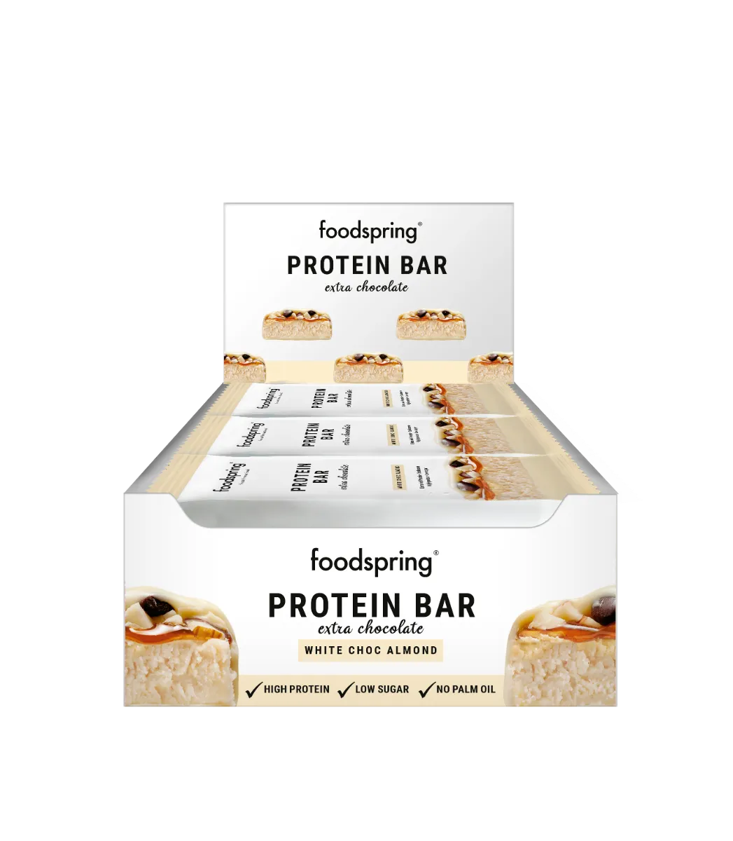 Foodspring Protein Bar Extra Cioccolato Bianco Mandorle 65 g Snack Gustoso e Sano