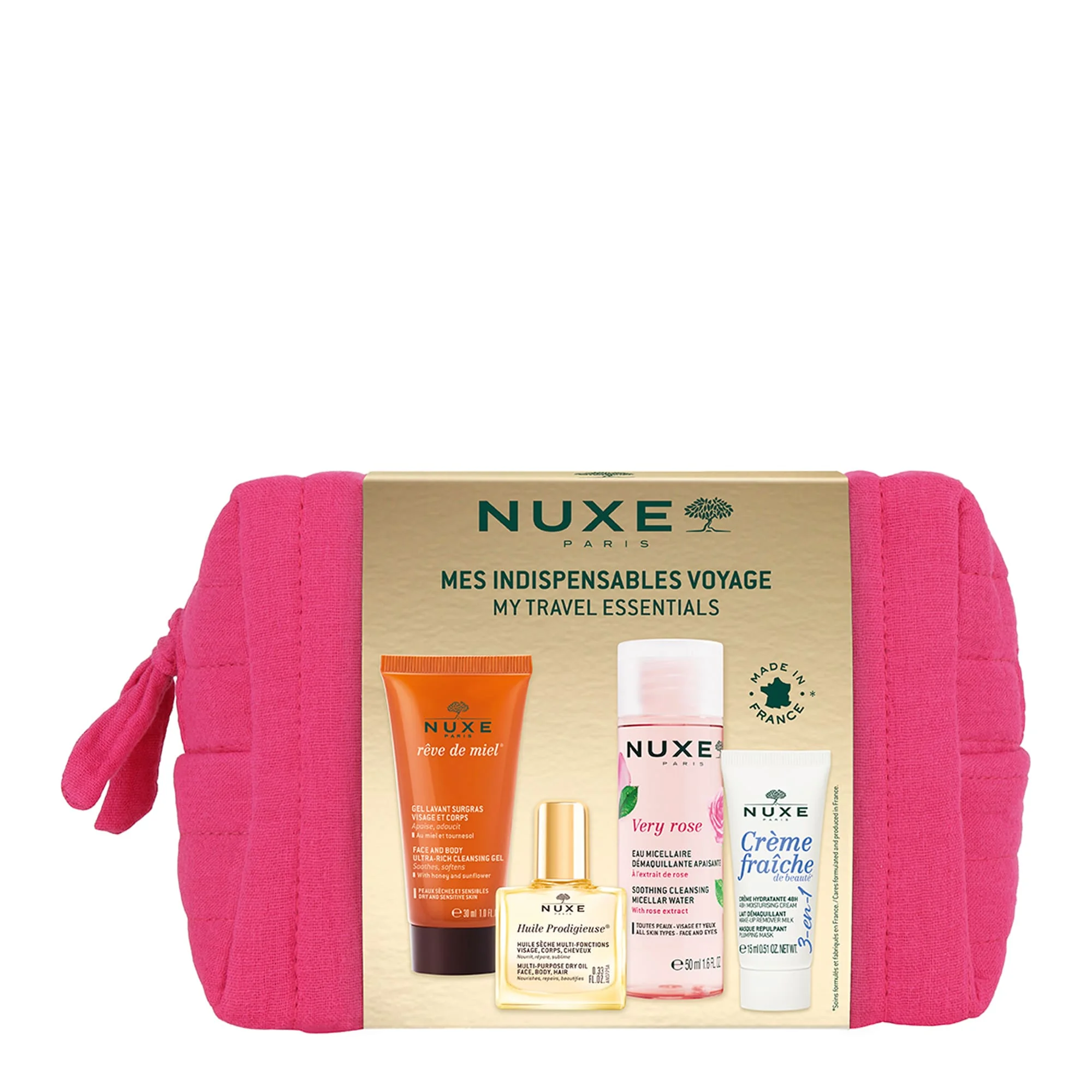 Nuxe Trousse Gli Essenziali da Viaggio Acqua Micellare 50ml + Crema 3 in 1 15ml + Huile 10ml + Gel Lavante 15ml