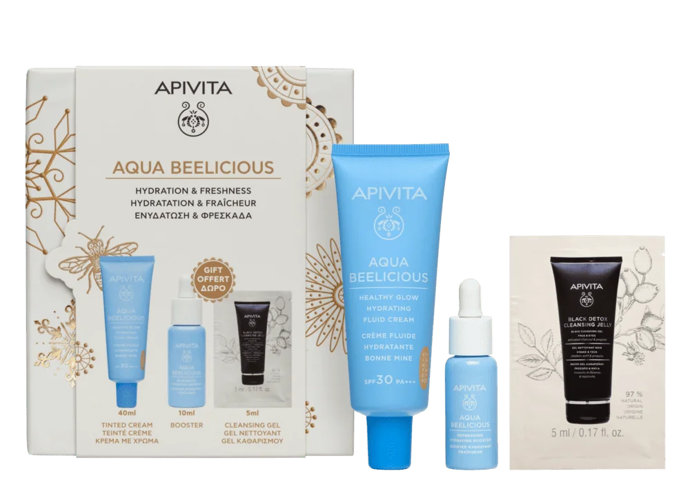 Apivita Aqua Beelicious Cofanetto 2025 Crema Fluida Idratante Tinted + Booster Idratante Rinfrescante + Gel Detergente Nero - Viso & Occhi