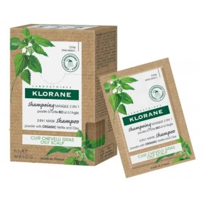 Klorane Shampoo Maschera 2 in 1 Ortica Bio e Argilla 8 Bustine Monodose Per Capelli Grassi
