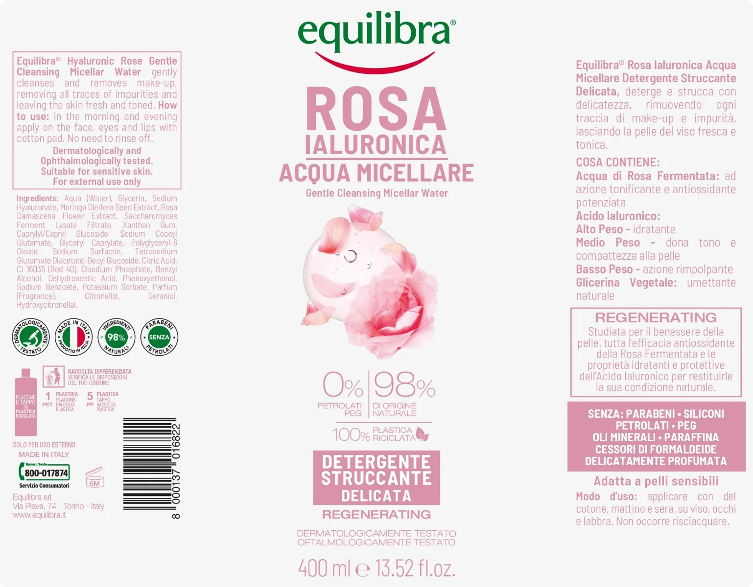 Equilibra Rosa Acqua Micellare 400 Ml Detergente e Struccante