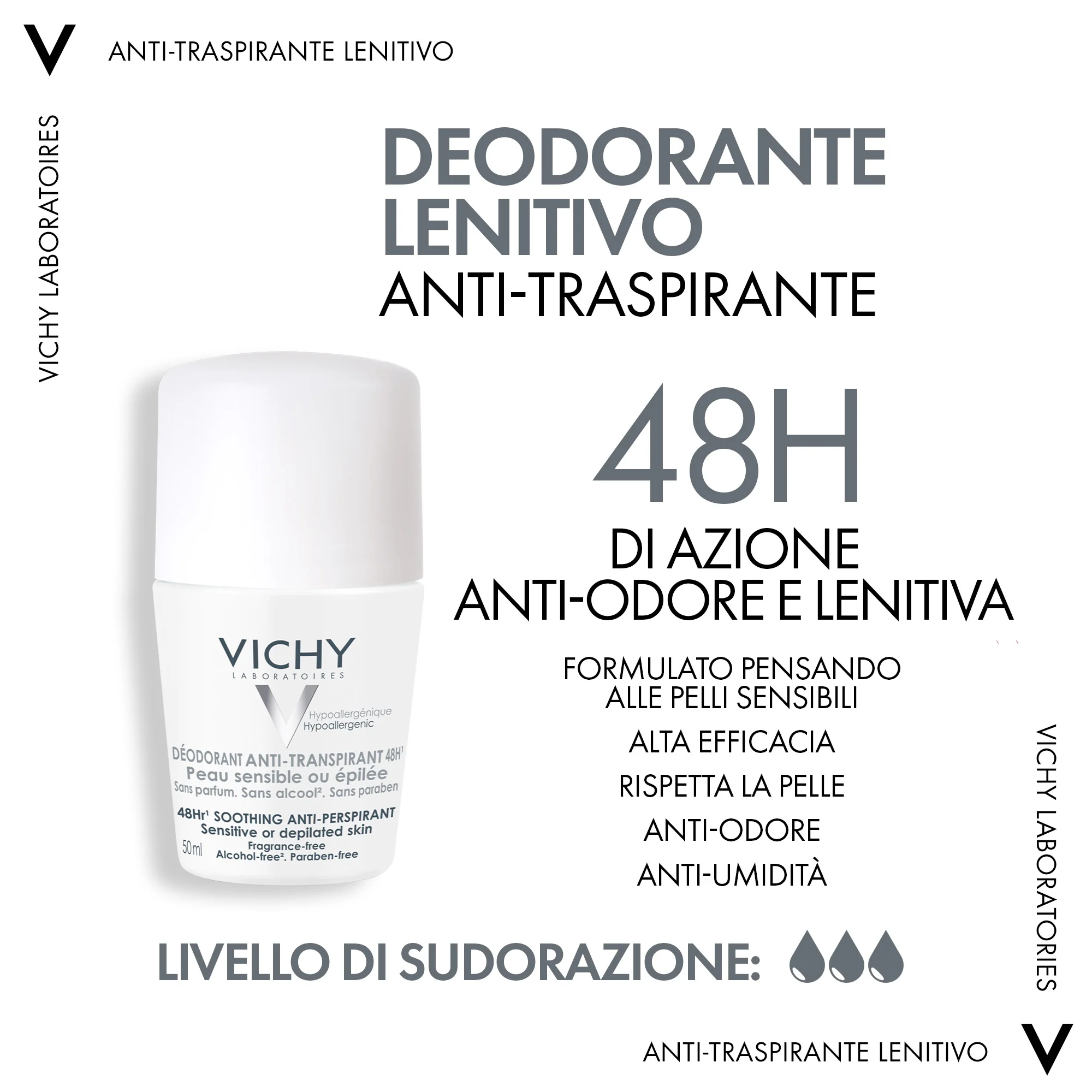 Vichy Deodorante Anti-Traspirante 48H, 50 Ml Pelle sensibile o depilata
