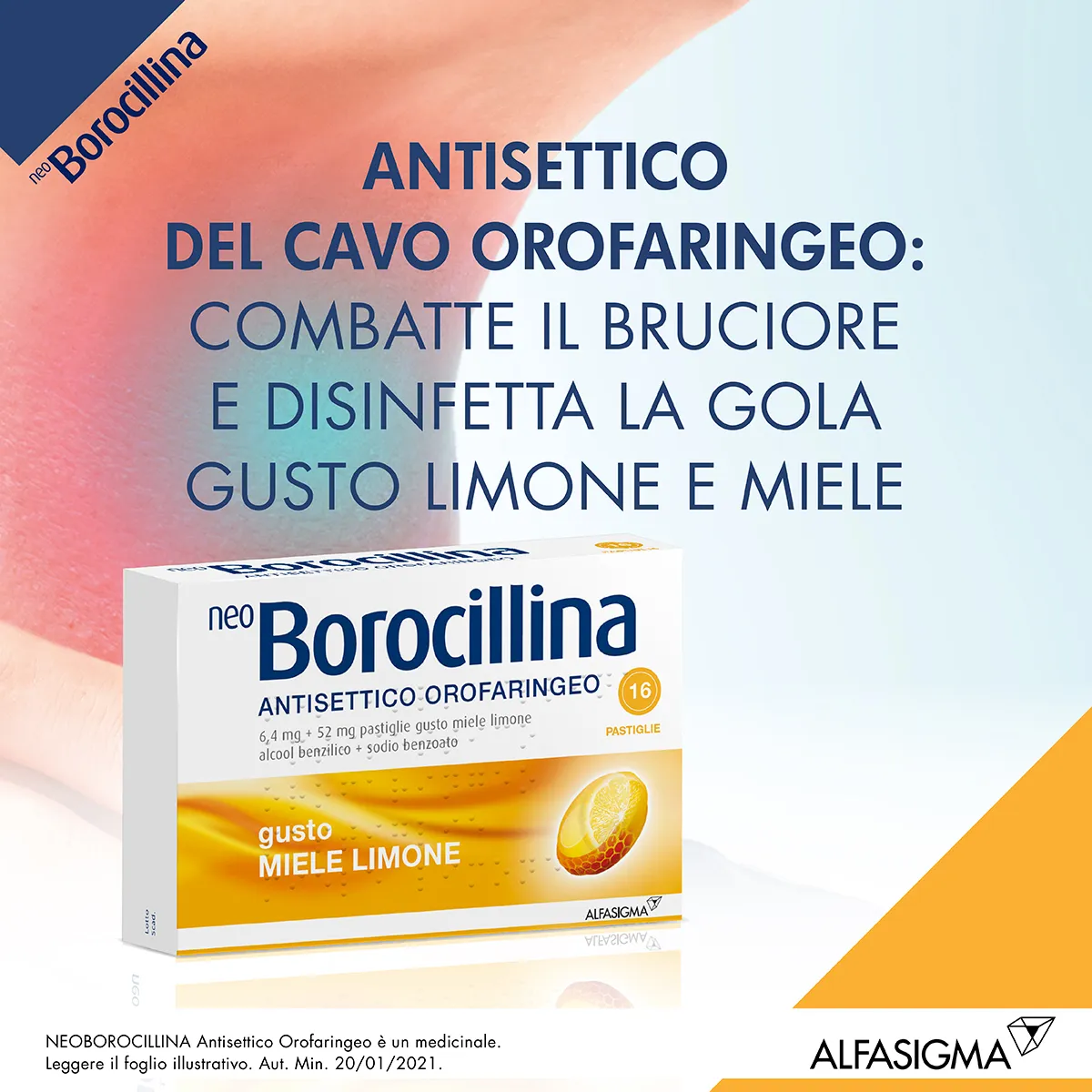 Neo Borocillina Antisettico Orofaringeo 6,4mg + 52mg Limone e Miele 16 Pastiglie 