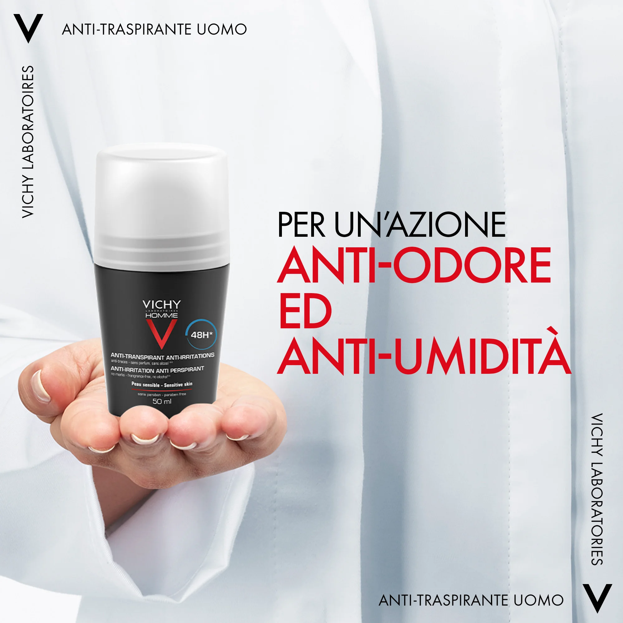Vichy Homme Deodorante Roll-On 48h Pelle Sensibile 50 ml antitraspirante controllo estremo