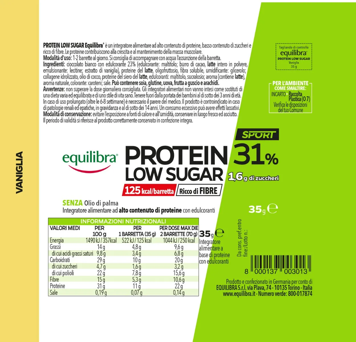 Equilibra Protein 31% Low Sugar Barretta Vaniglia 35 G Ricco di fibre