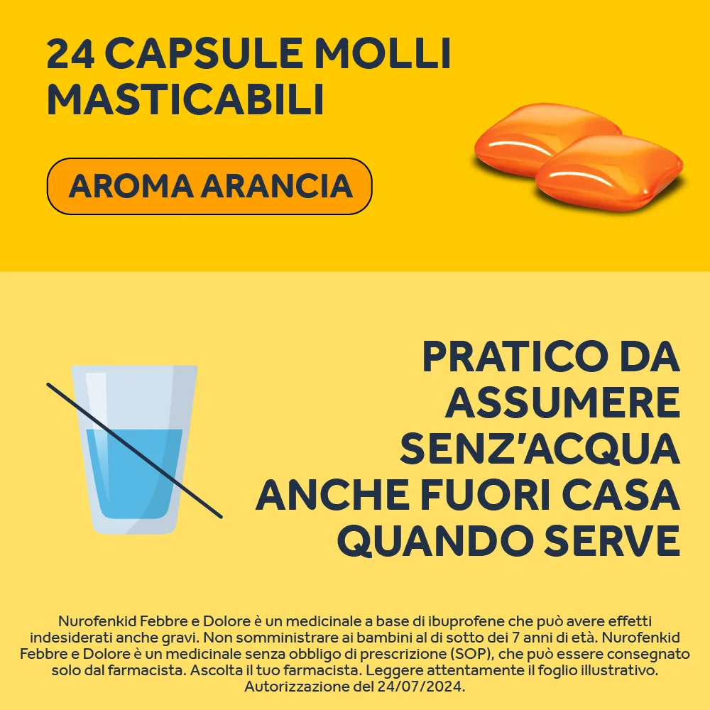 NurofenKid Febbre e Dolore 100 mg Ibuprofene 24 Capsule Molli Masticabili Ibuprofene