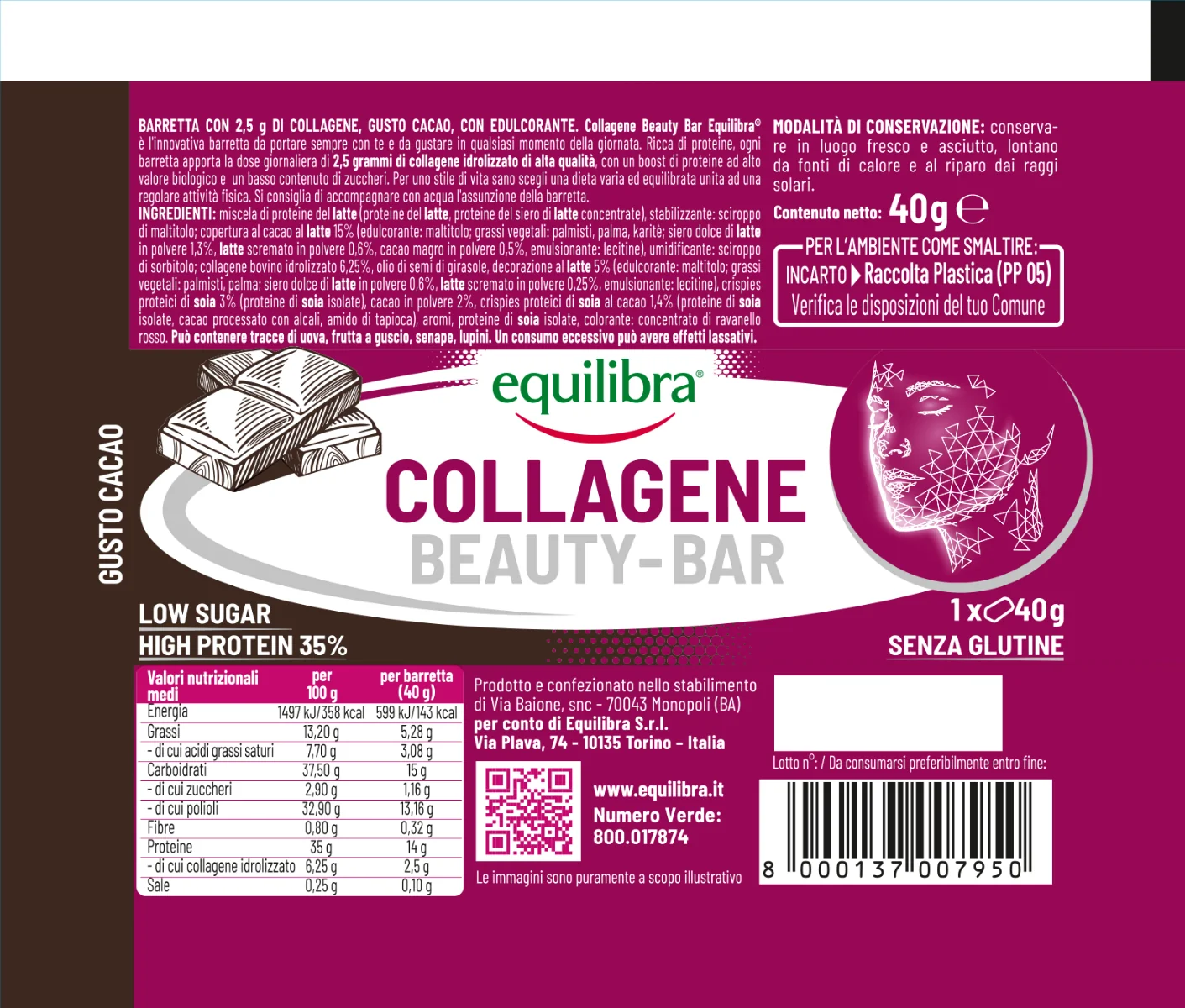 Collagane Beauty Barrette Cacao 40 g Barretta Proteica