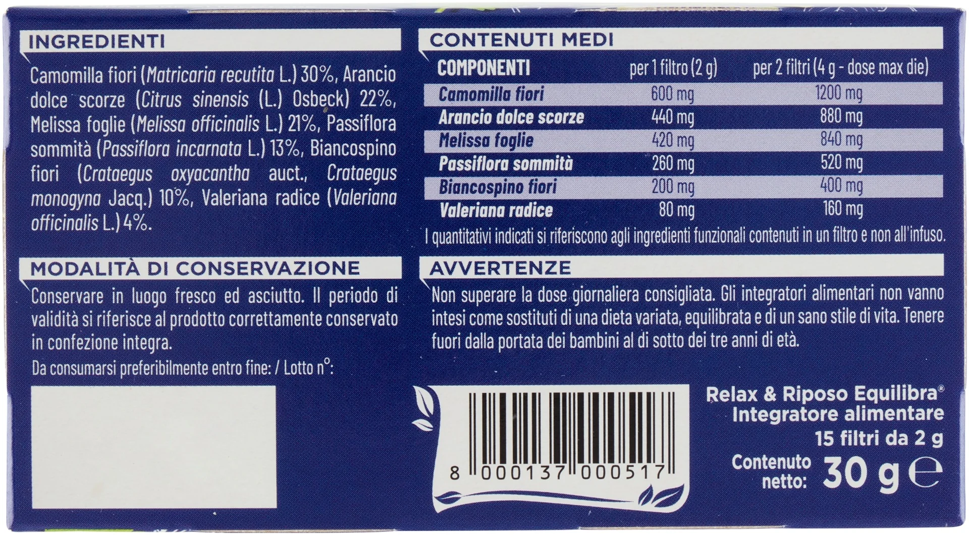 Equilibra Tisana Relax e Riposo 15 Filtri Con Camomilla, Melissa, Passiflora, Biancospino e Valeriana.
