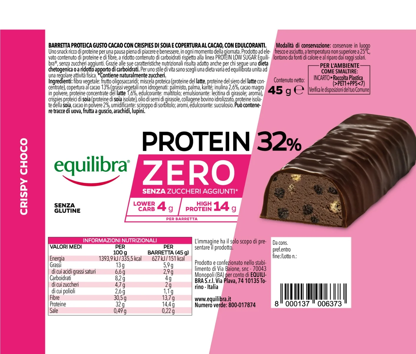 Equilibra Protein 32% Zero Crispy Choco 45 G Barretta con Proteine e Fibre