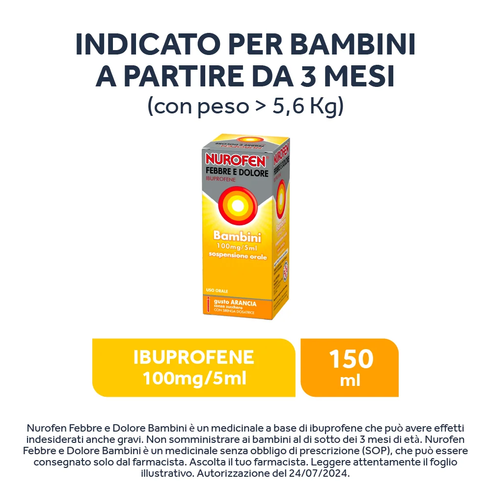 Nurofen Febbre e Dolore Bambini 100 mg/5 ml Ibuprofene Sospensione Orale Arancia 150 ml Antinfiammatorio
