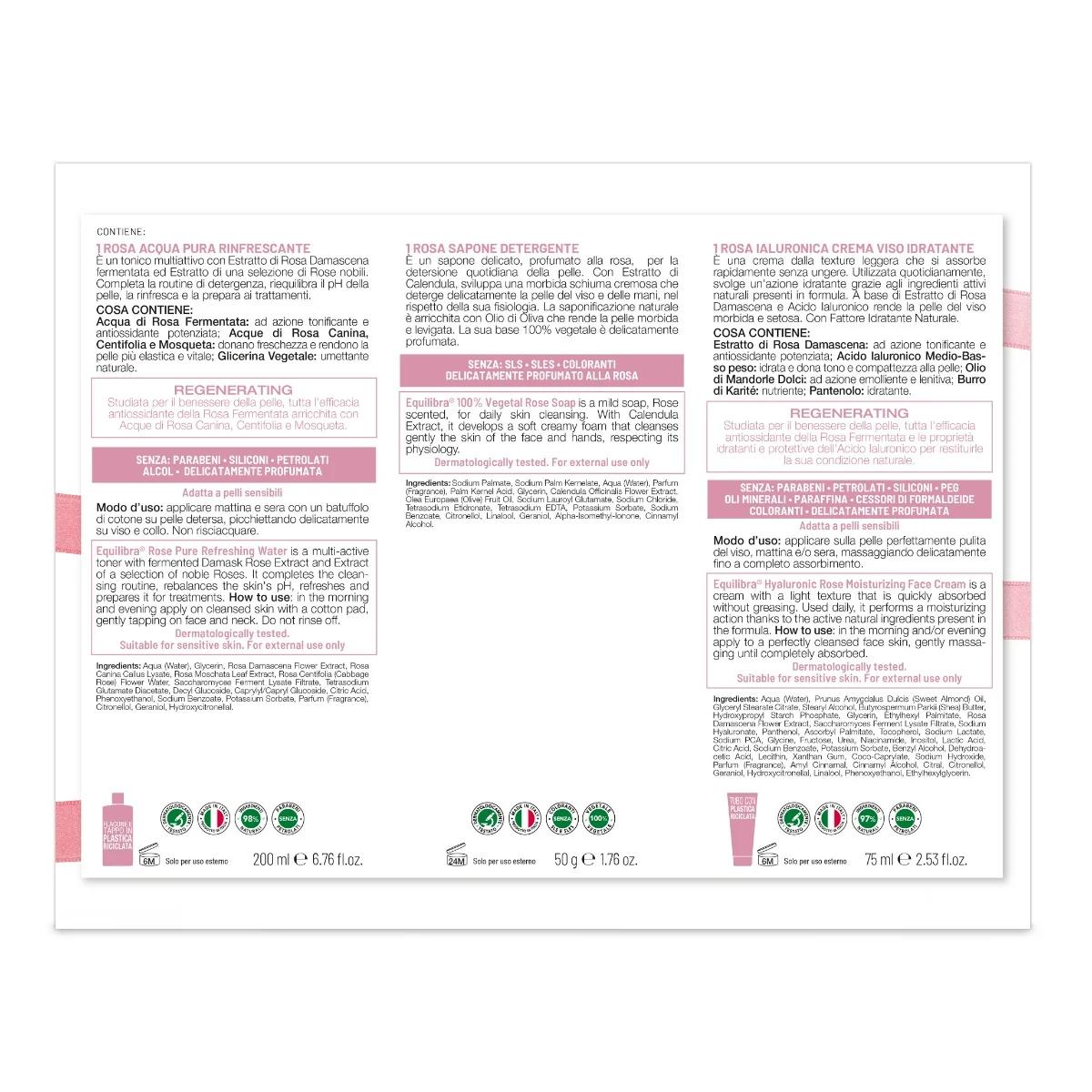 Equilibra Viso Kit Rosa Ialuronica Idratante Acqua Pura Rinfrescante 200 ml + Sapone Detergente 50 g + Crema Viso Idratante 75 ml