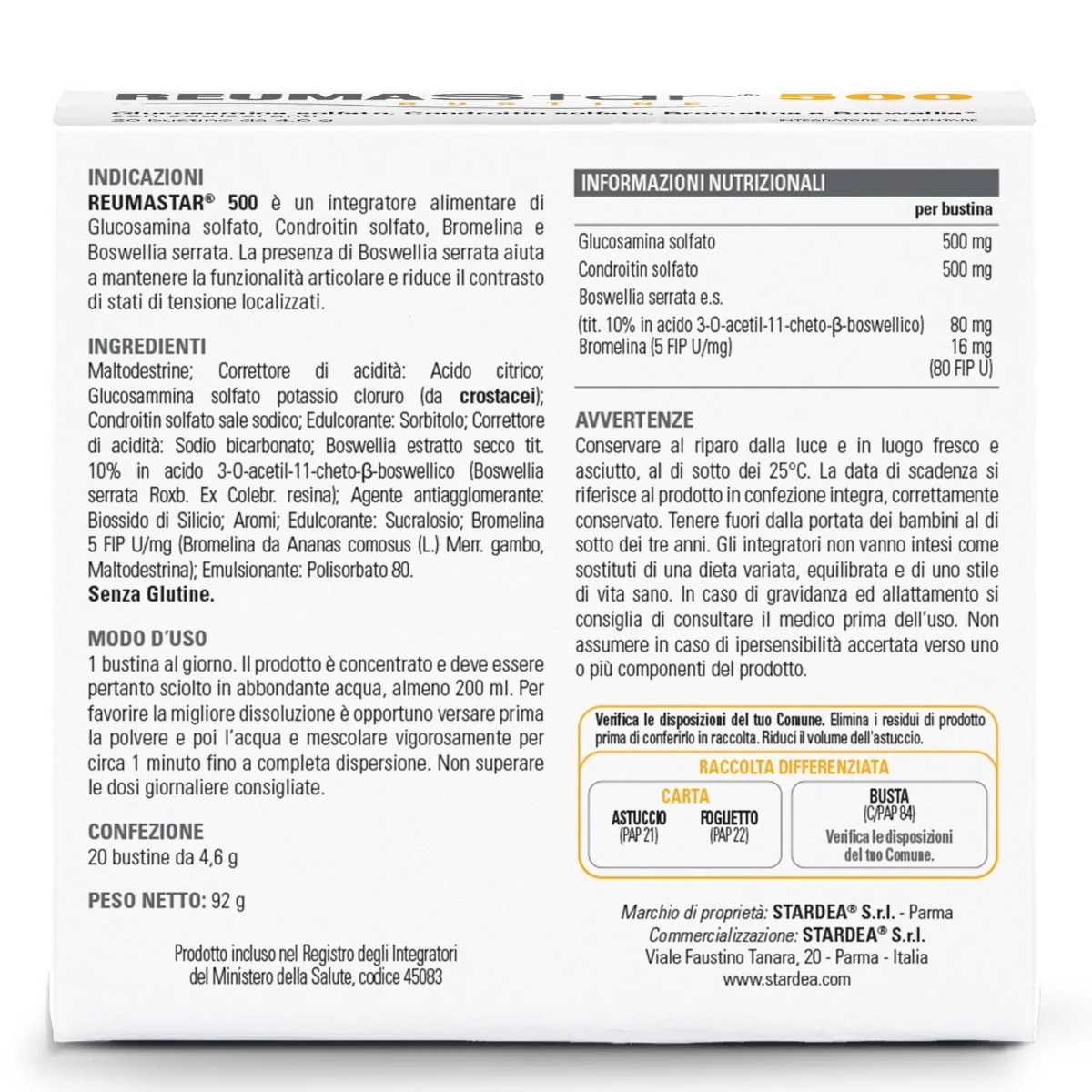 Stardea Reumastar 500 20 Bustine Integratore Funzionalità Articolare
