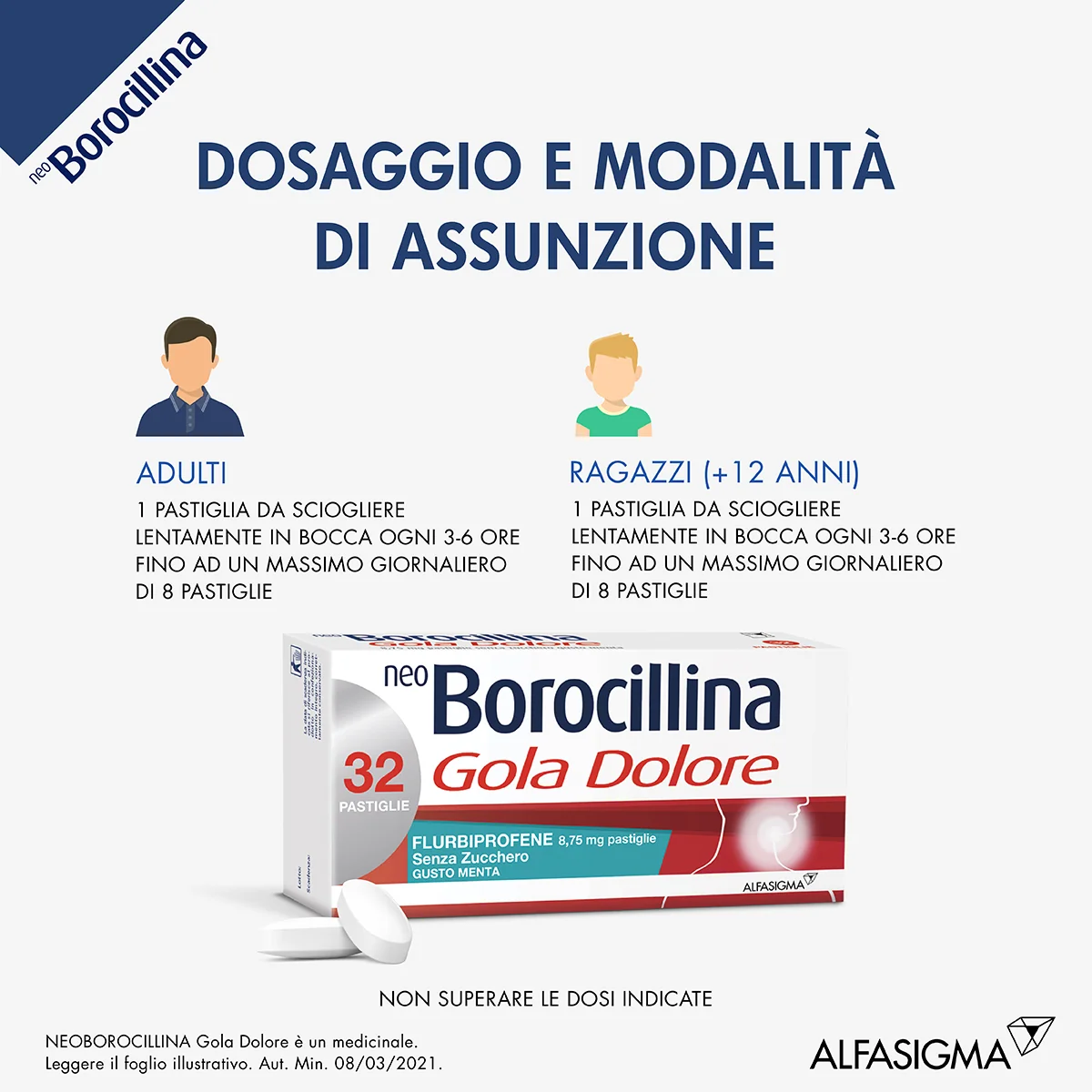 Neo Borocillina Gola Dolore 8,75 mg Menta Senza Zucchero 32 Pastiglie Dolore e Infiammazione alla Gola