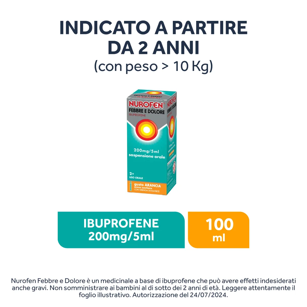 Nurofen Febbre e Dolore Bambini 200 mg/5 ml Ibuprofene Sospensione Orale Arancia 100 ml Febbre
