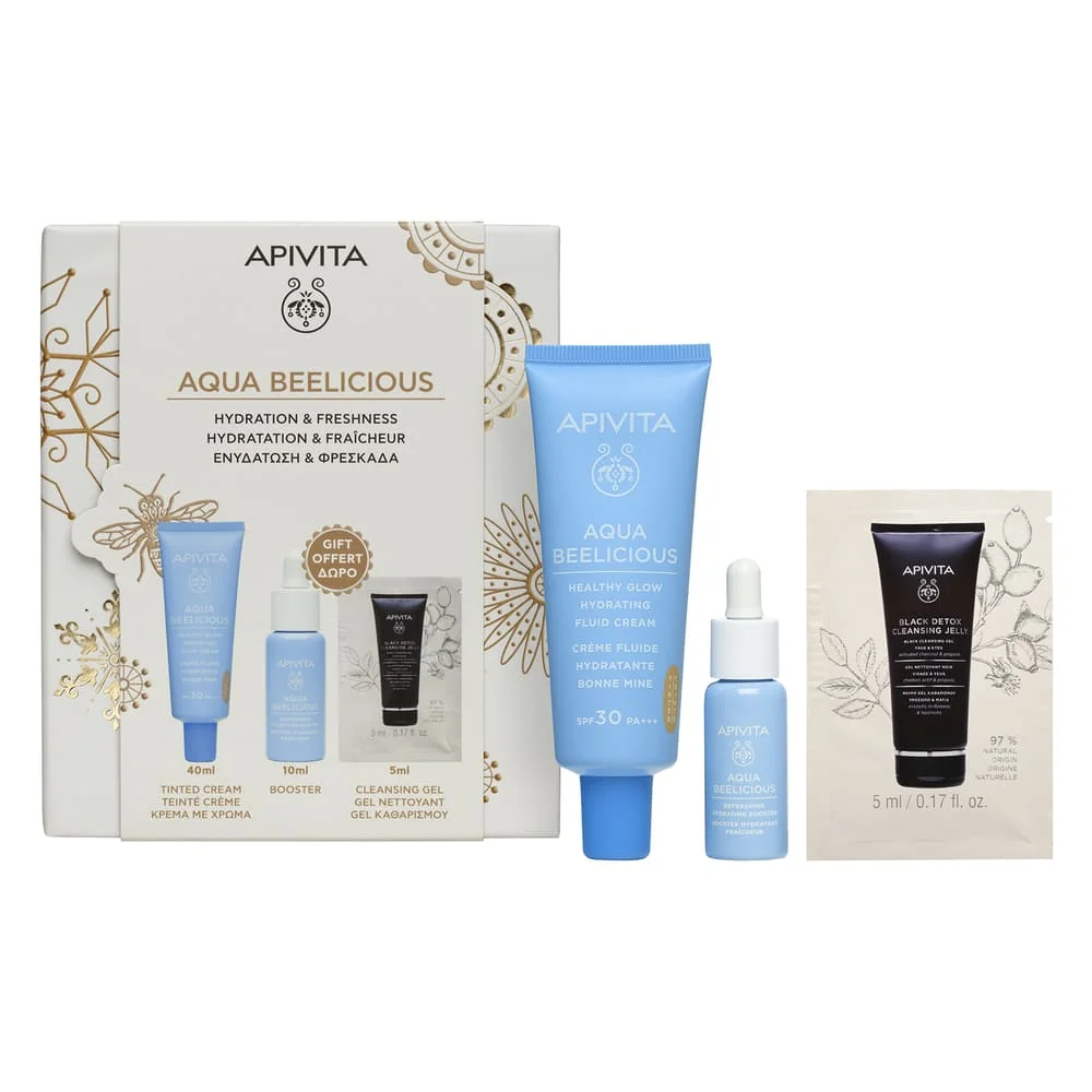 Apivita Aqua Beelicious Cofanetto 2025 Crema Fluida Idratante Tinted + Booster Idratante Rinfrescante + Gel Detergente Nero - Viso & Occhi