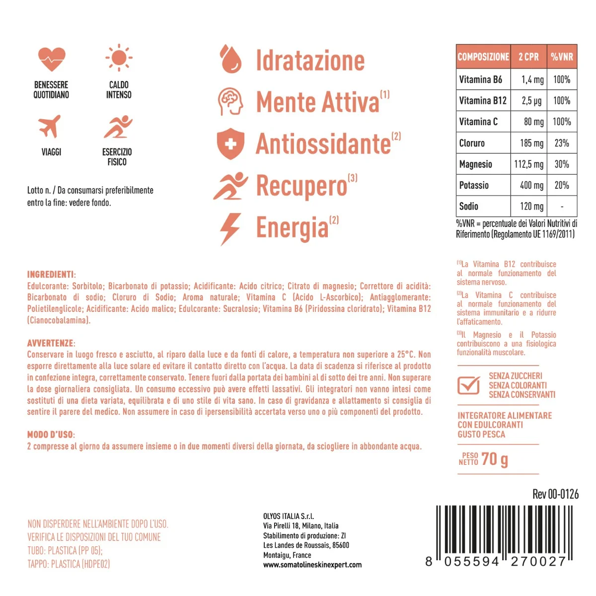 Somatoline Hydrop Pesca 20 Compresse Effervescenti Con Vitamine del Gruppo B