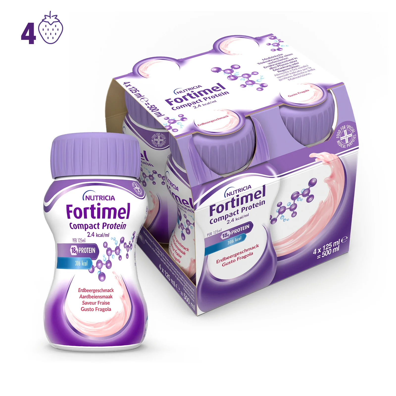 Nutricia Fortimel Compact Protein, Ipercalorico e Iperproteico, Fragola 4x125ml Integratore Proteico