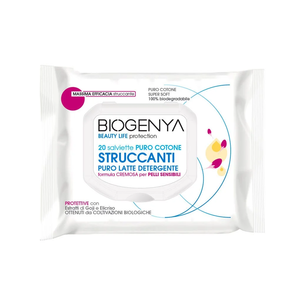 Biogenya Puro Latte Detergente Pelli Sensibili Salviette Struccanti in Cotone 20 Pezzi