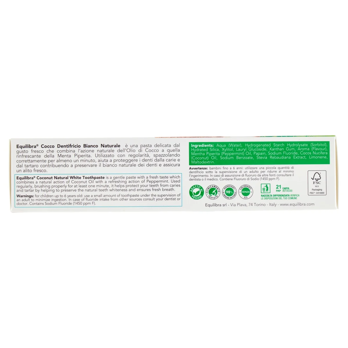 Equilibra Cocco Dentifricio Bianco Naturale 75 Ml Azione Rinfrescante
