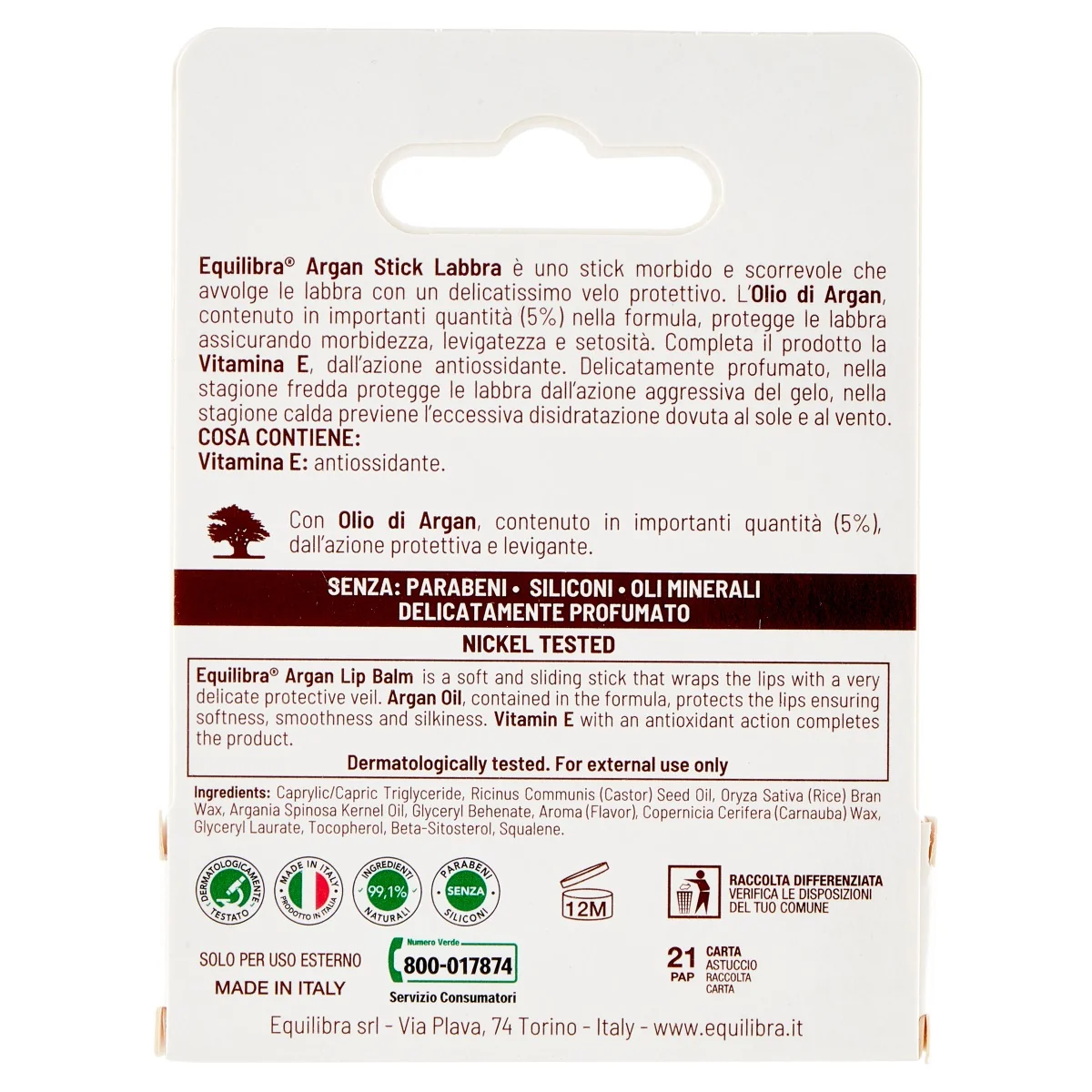 Equilibra Stick Labbra Argan 5,5 Ml Protegge le Labbra da Vento Gelo e Caldo