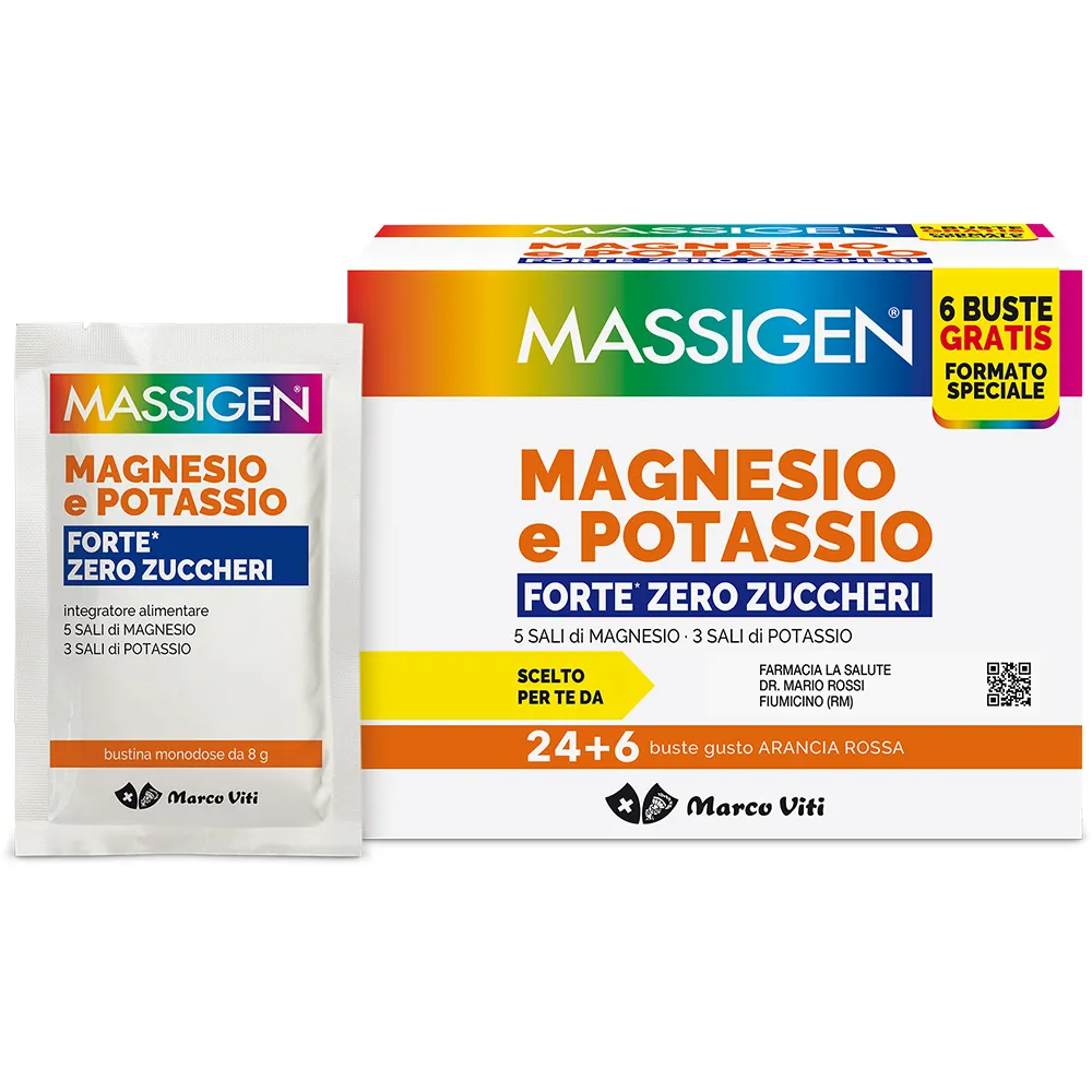Massigen Magnesio Potassio Forte - Zero Zucchero 24 Bustine + 6 Bustine - Integratore Sali Minerali
