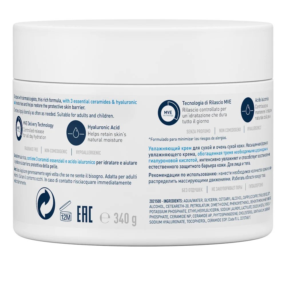 Cerave Crema Idratante 48h, 340 g Pelle Secca e Molto Secca