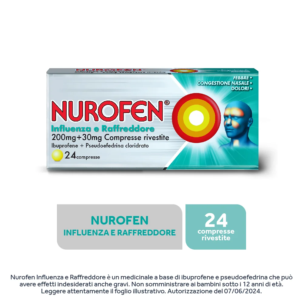 Nurofen Influenza e Raffreddore 200 mg + 30 mg 24 Compresse Rivestite Per influenza e Rafreddore