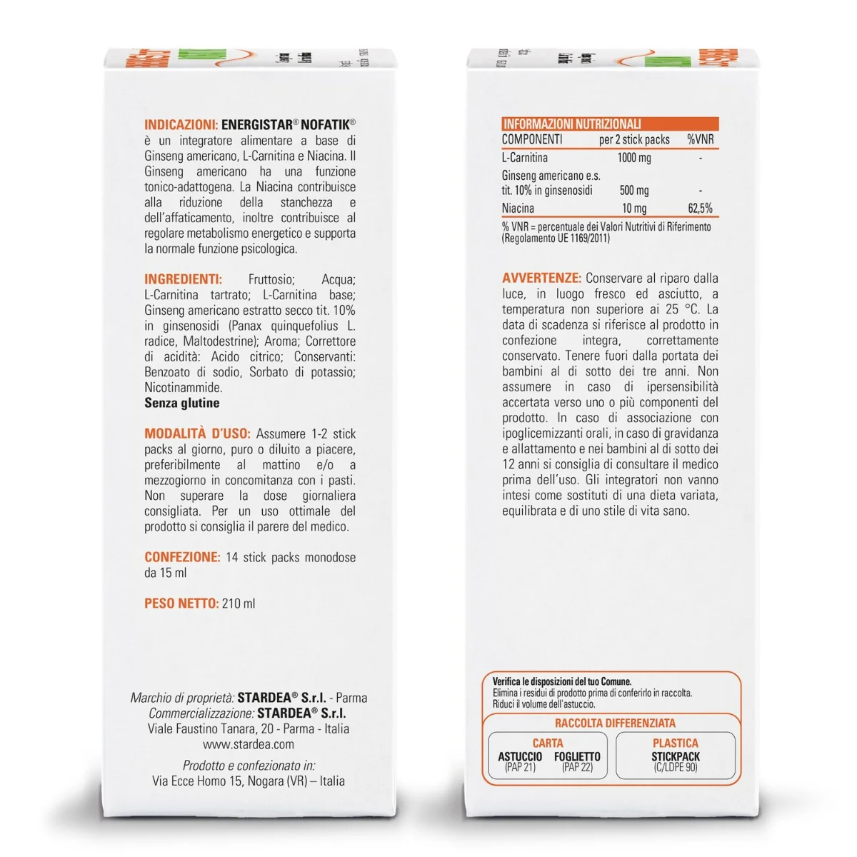 Energistar Nofatik 14 Stickpacs 15 ml Integratore Energetico