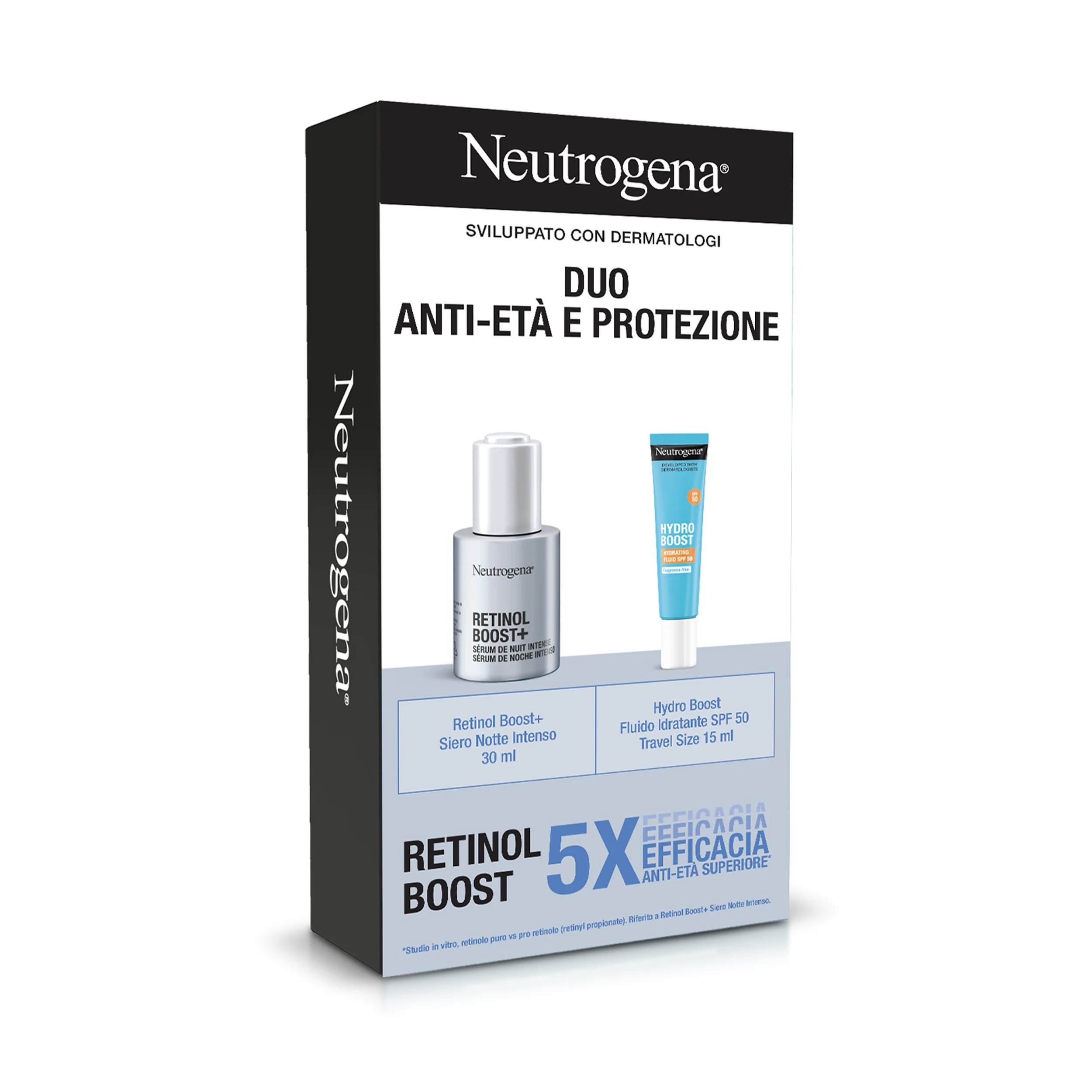 Neutrogena Duo Anti-Età e Protezione Retinol Boost Siero 30 ml +  Hydro Boost Fluido SPF50 15 ml Azione Intensiva