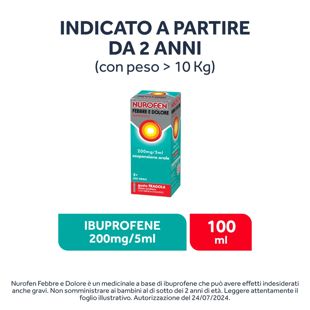 Nurofen Febbre e Dolore Bambini 200 mg/5 ml Ibuprofene Sospensione Orale Fragola 100 ml Bambini e Adulti
