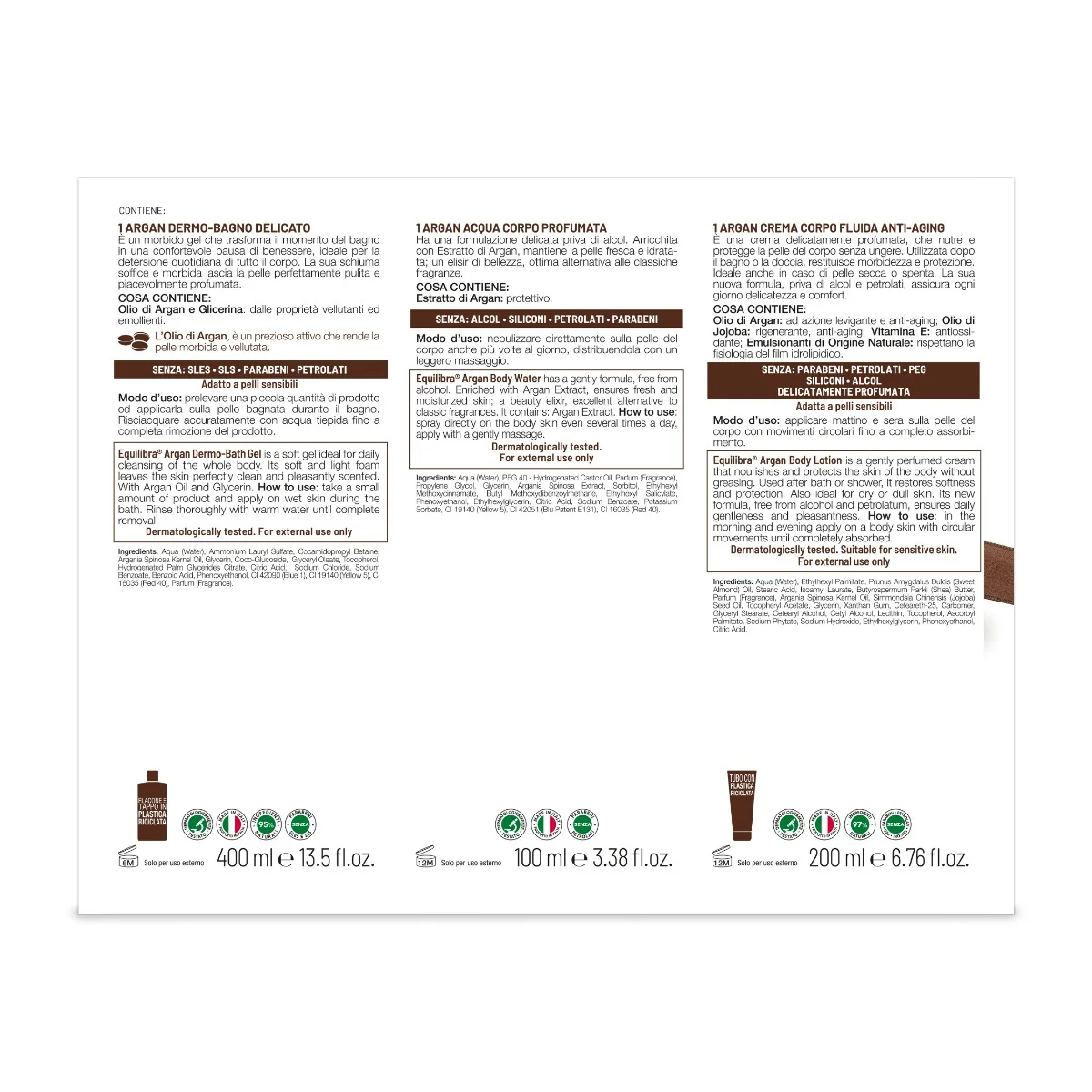 Equilibra Corpo Kit Argan Dermo Bagno Delicato 400 ml + Acqua Corpo Profumata 100 ml + Crema Corpo Anti Aging 200 ml