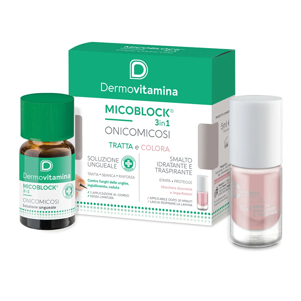 Dermovitamina Micoblock 3in1 Tratta e Colora 7 ml Soluzione Ungueale +  5 ml Smalto Idratante Trattamento Onicomicosi