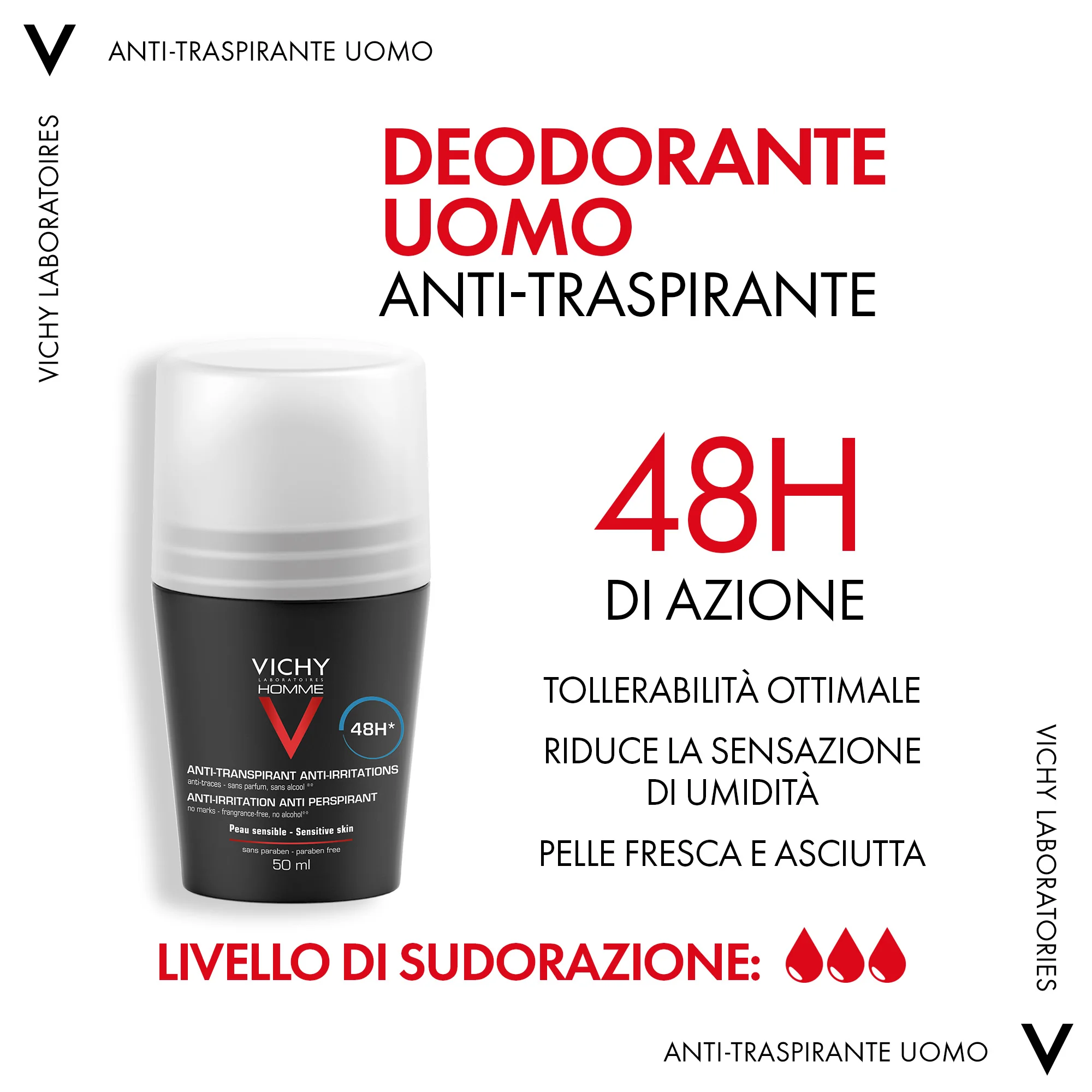 Vichy Homme Deodorante Roll-On 48h Pelle Sensibile 50 ml antitraspirante controllo estremo