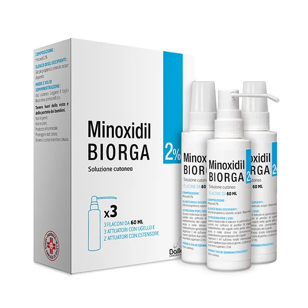 Minoxidil Biorga 2% Soluzione Cutanea Trattamento Alopecia 3 Flaconi